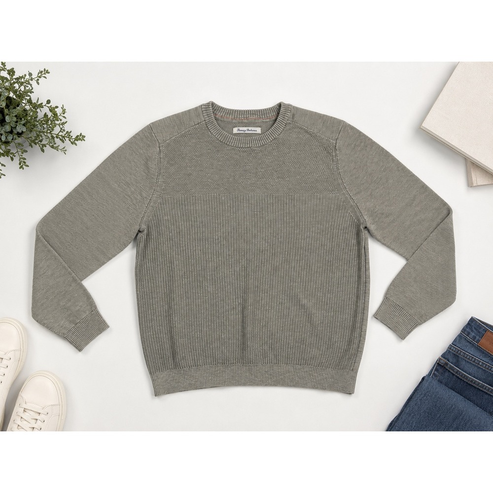 Tommy Bahama Mens Gray Cotton Ribbed Mixed Stitch Crewneck Sweater Size M